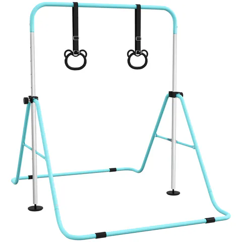 HOMCOM Bară de gimnastică pentru copii, bară orizontală pliabilă cu înălțime reglabilă cu inele de gimnastică, cyan | Aosom Romania