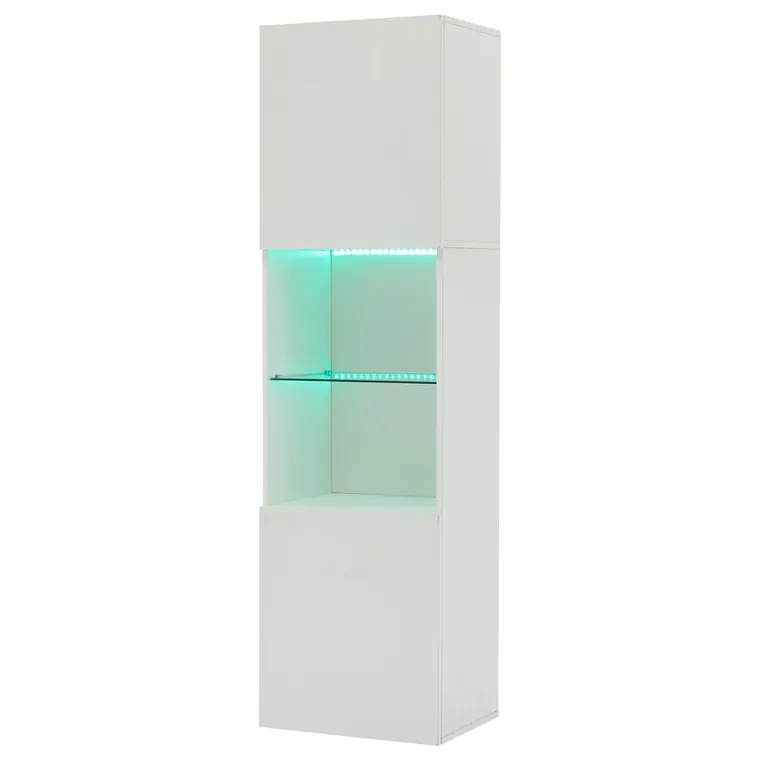 Vitrină lucioasă cu iluminare LED, 1 raft de sticlă, 45x35x160 cm, Alb
