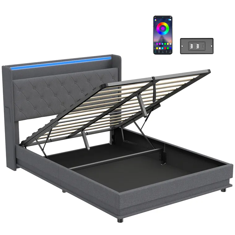 HOMCOM Pat cu depozitare 140x190cm iluminare LED și stație de încărcare cadru pat dublu tapițat in depozitare hidraulică gri | Aosom Romania