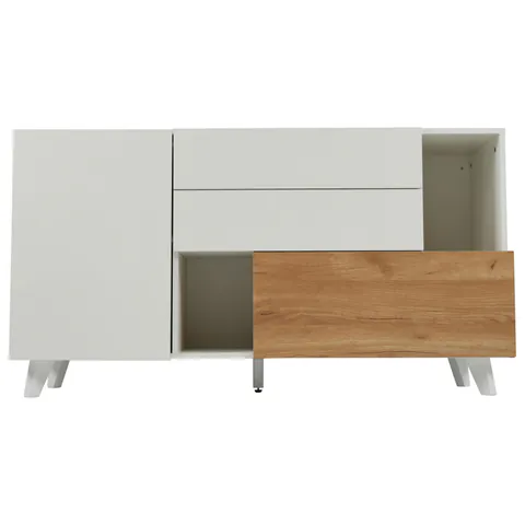 Comodă modernă cu spațiu de depozitare, alb lucios și aspect de lemn, 130x40x70 cm, Alb