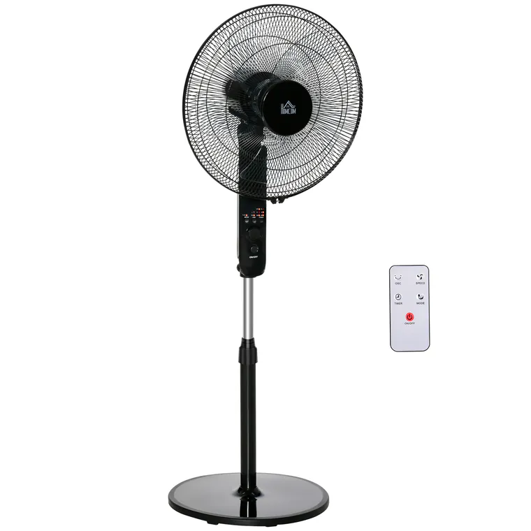 HOMCOM Ventilator de Podea cu Telecomandă, Reglabil pe Înălțime, 3 Viteze, Unghi de Înclinare Reglabil, Metal, Negru, Ø44,5x110-124H cm | Aosom Romania