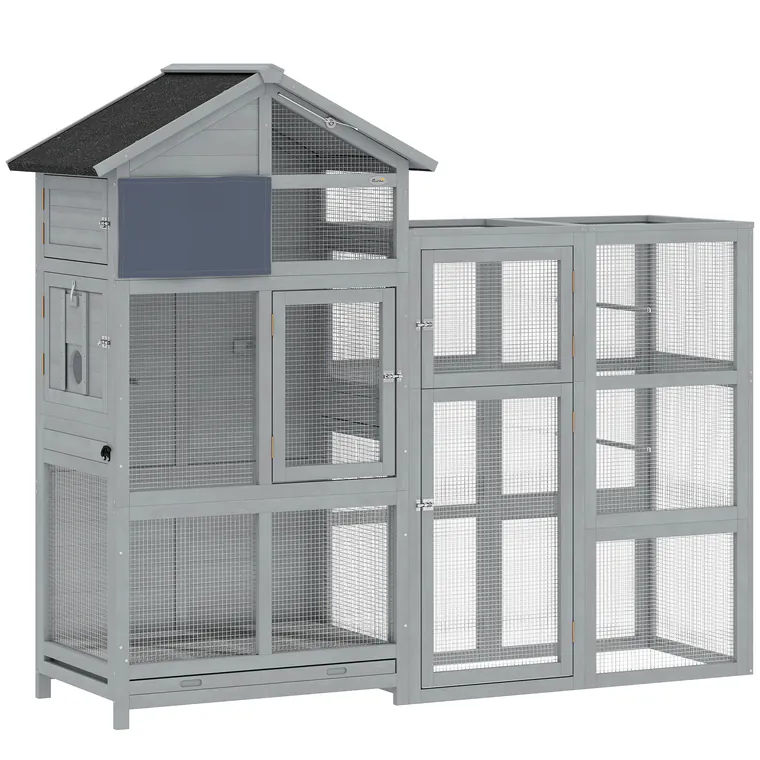 PawHut Volieră din lemn cu 6 bățuri de odihnă compartiment sertar extractabil boluri din oțel inoxidabil 196x60x164,5cm Gri | Aosom Romania