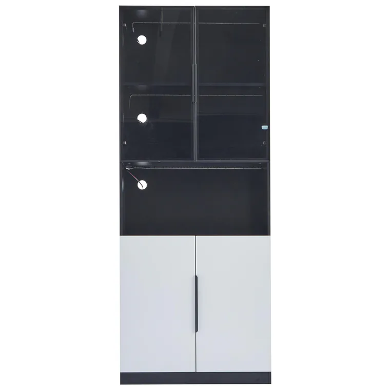 Vitrină modernă minimalistă cu uși din sticlă, lumini LED, 80x30x200 cm, Alb + Negru