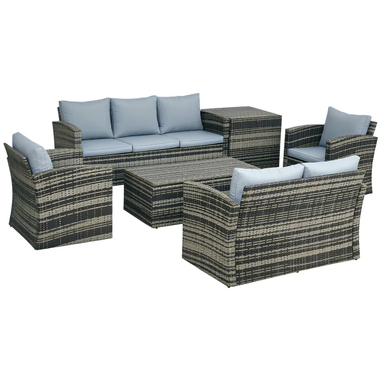 Outsunny Set de mobilier de gradina din ratan de 6 piese, canapea si 2 fotolii tapitate pentru 7 persoane, bej | Aosom Romania