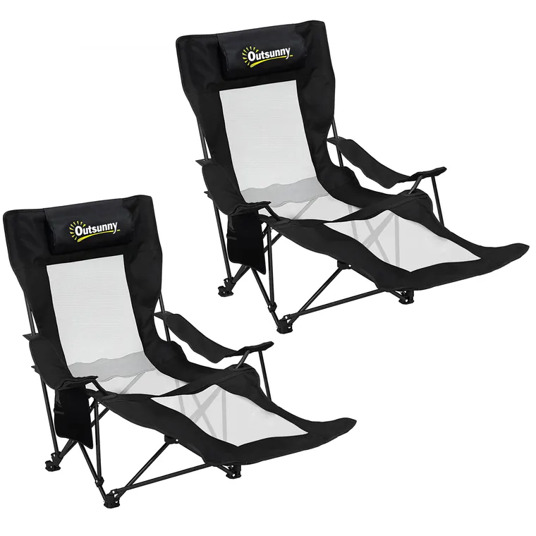 Outsunny Set de 2 Scaune Pliabile Rabatabile pentru Camping cu Suport Picioare Detașabil, Tetieră, Suport Pahar și Husă, Negru | Aosom Romania