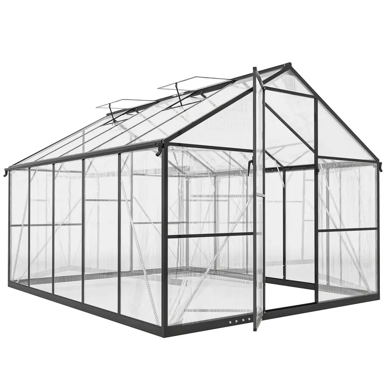 Seră de grădină Outsunny din aluminiu și policarbonat, 7,5㎡, cu ușă cu balamale, 2 ferestre reglabile, sistem de drenaj, anti-UV, 304x247x205cm, negru | Aosom Romania