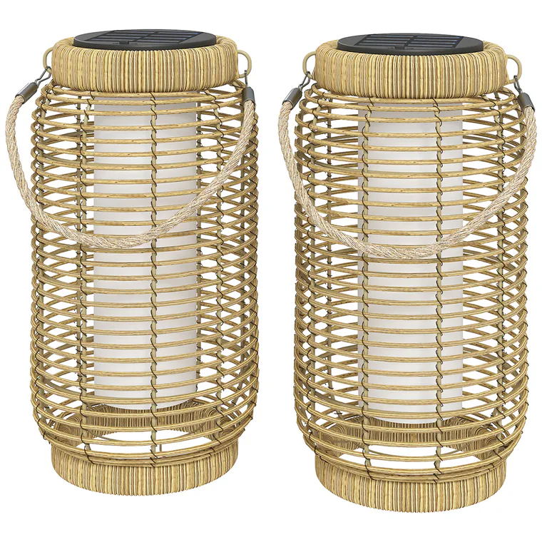 Outsunny Set de 2 Lampadare Exterioare Solare din Rășină Împletită, Lumină LED de Grădină din Oțel, Pornire/Oprire Automată Bej nisip | Aosom Romania