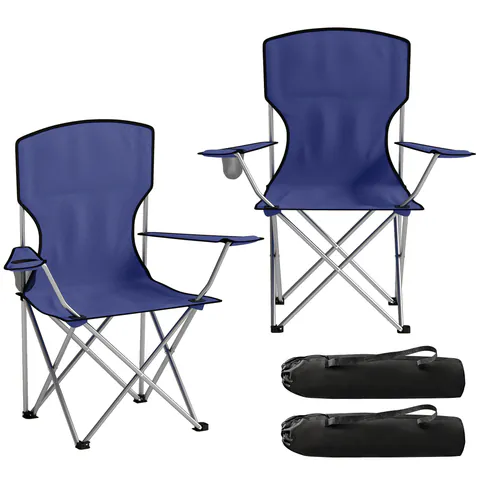 Outsunny Set de 2 scaune de camping pliabile cu suport pentru pahar, husă de transport, spătar înalt, 88x57x97cm, Albastru închis | Aosom Romania