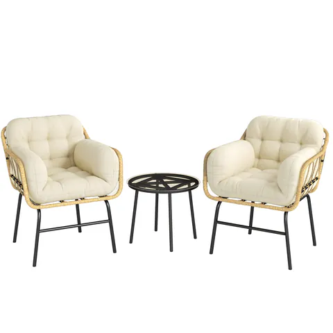 Outsunny Set mobilier exterior 3 piese din rășină împletită, masă din sticlă securizată, 2 fotolii cu perne, 62x73x79cm, Kaki | Aosom Romania