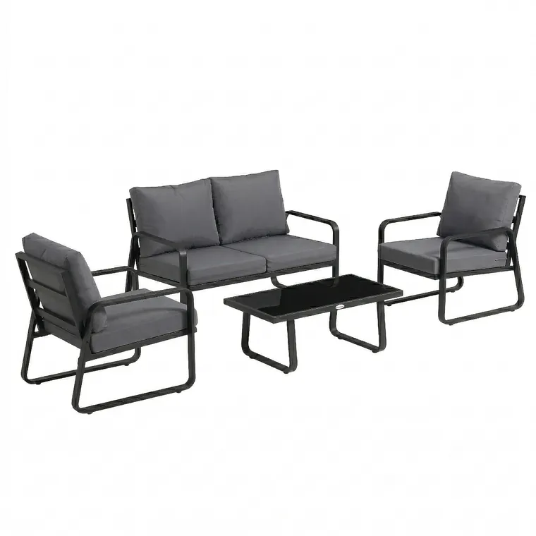 Outsunny Set mobilier de grădină 4 piese cu perne detașabile foarte groase 10 cm masă de cafea din sticlă securizată Negru | Aosom Romania