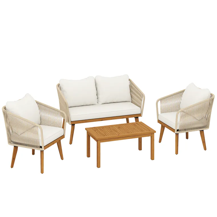 Outsunny Set mobilier grădină 4 piese lounge polyrattan cu canapea 2 locuri, 2 fotolii, masă din lemn de acacia cu lamele, perne groase lavabile | Aosom Romania