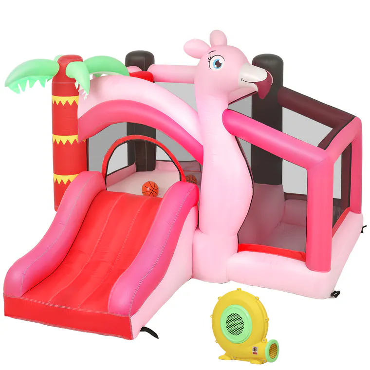 AIYAPLAY Castel Gonflabil pentru Copii 4 în 1, Tobogan, Trambulină, Piscină cu Bile, Coș de Baschet, Mingi de Baschet, Tematică Flamingo, Ventilator, Geantă de Transport, Interior Exterior, 255x230x196cm, Roz | Aosom Romania