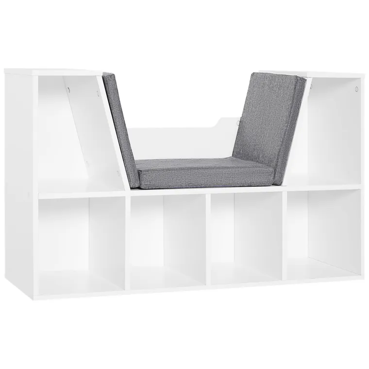 HOMCOM Bibliotecă 2 în 1 cu Perne Confortabile și 6 Compartimente, Mobilier Multifuncțional pentru Cărți și Jocuri, Raft cu 6 Cuburi pentru Sufragerie, Dormitor și Birou, 102x30x61 cm, Alb | Aosom Romania