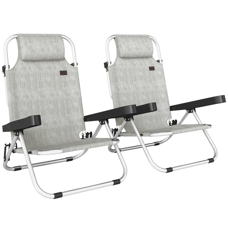 Set Outsunny 2 Șezlonguri Pliabile și Reclinabile pe 4 Poziții cu Suport pentru Cap, din Aluminiu, 62x61x80 cm, Gri | Aosom Romania