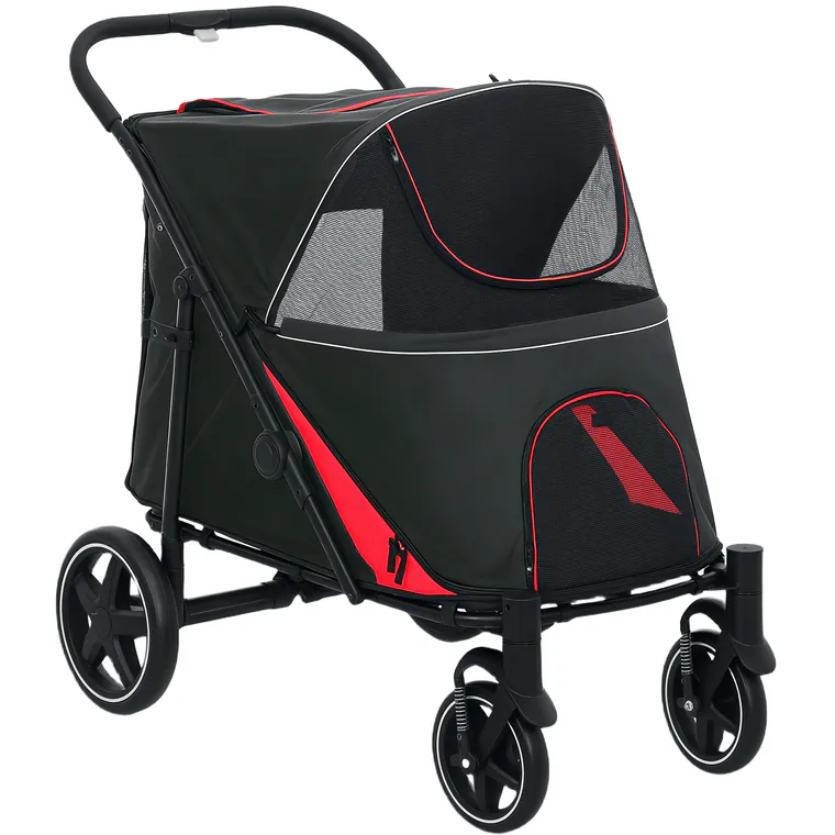 PawHut Cărucior Pliabil pentru Câini cu 4 Roți, Intrări cu Fermoar și Ferestre din Plasă, 112x65x100 cm, Negru | Aosom Romania