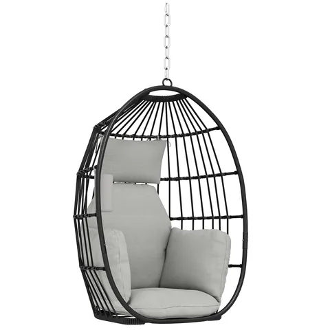 Scaun Suspendat Outsunny în Formă de Ou Fără Suport, Pliabil, cu Pernă Moale și Tetieră, Suport Pahar, Capacitate 120 kg, Gri Închis | Aosom Romania
