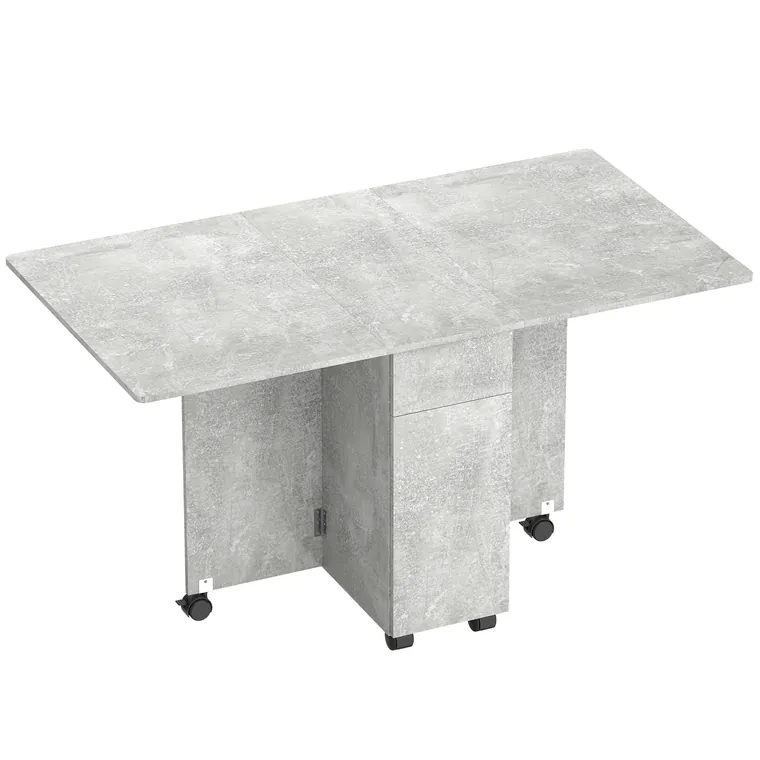 HOMCOM Masă de Luat Masa Pliabilă, Masă de Bucătărie cu Blaturi Rabatabile și Roți cu Frâne pentru 6 Persoane, Birou Compact cu 2 Sertare, 2 Uși și Dulap, pentru Living, 140x76x74î cm, Gri Ciment | Aosom Romania
