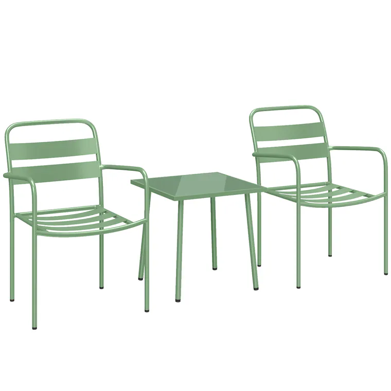 Outsunny Set bistro de grădină 3 piese - masă cu blat din sticlă securizată și 2 scaune cu șipci, cadru din oțel galvanizat, verde | Aosom Romania