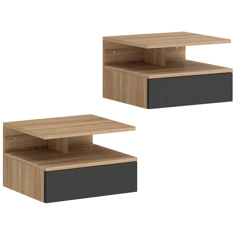 HOMCOM Set 2 Noptiere Suspendate pentru Dormitor, Design Modern cu Sertar și Raft, din Lemn, 35x32x22.5cm, Stejar și Negru | Aosom Romania