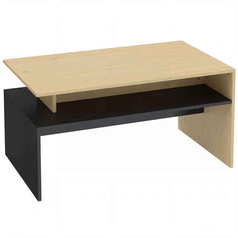 HOMCOM Masă de Cafea Modernă Bicoloră cu Niveluri Decalate și Poliță de Depozitare, 95 x 55 x 50 cm, Lemn Natural și Negru | Aosom Romania