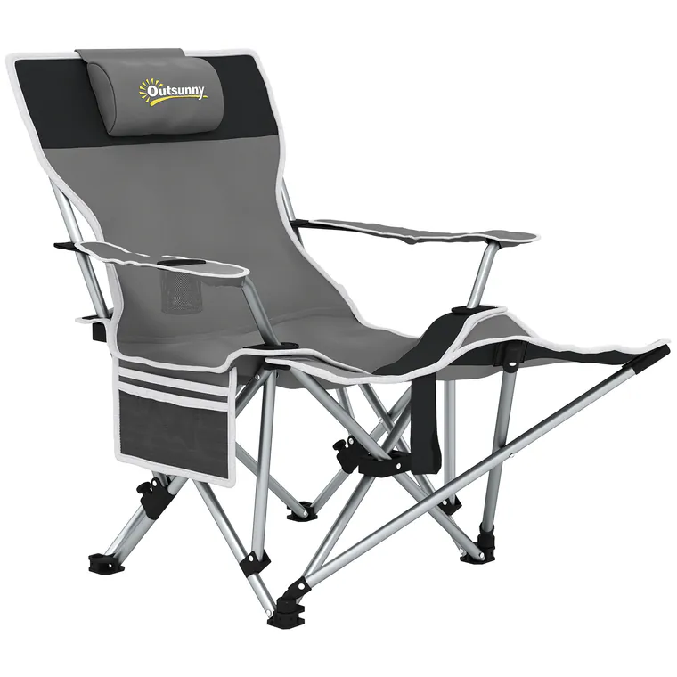 Outsunny Scaun de Camping Pliabil și Rabatabil cu Suport pentru Picioare Detașabil și Tetieră, 82x50/100x88 cm, Negru | Aosom Romania
