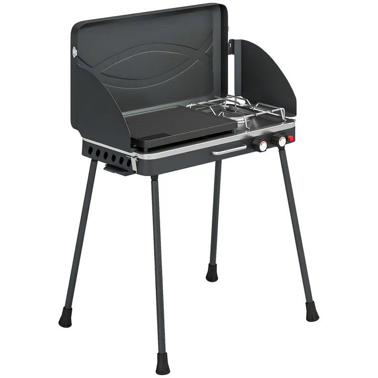 Outsunny 2-in-1 Portabil Grătar pe Gaz Propan, Grill și Aragaz, 7 kW, Negru | Aosom Romania