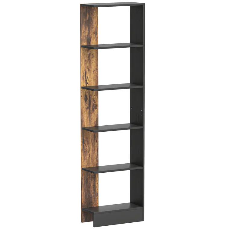 HOMCOM Raft Îngust cu 5 Etajere, Raft Economisitor de Spațiu Modern din Lemn, Bibliotecă pentru Baie, Living, Dormitor, Birou, 45x21x170 cm, Maro Rustic | Aosom Romania