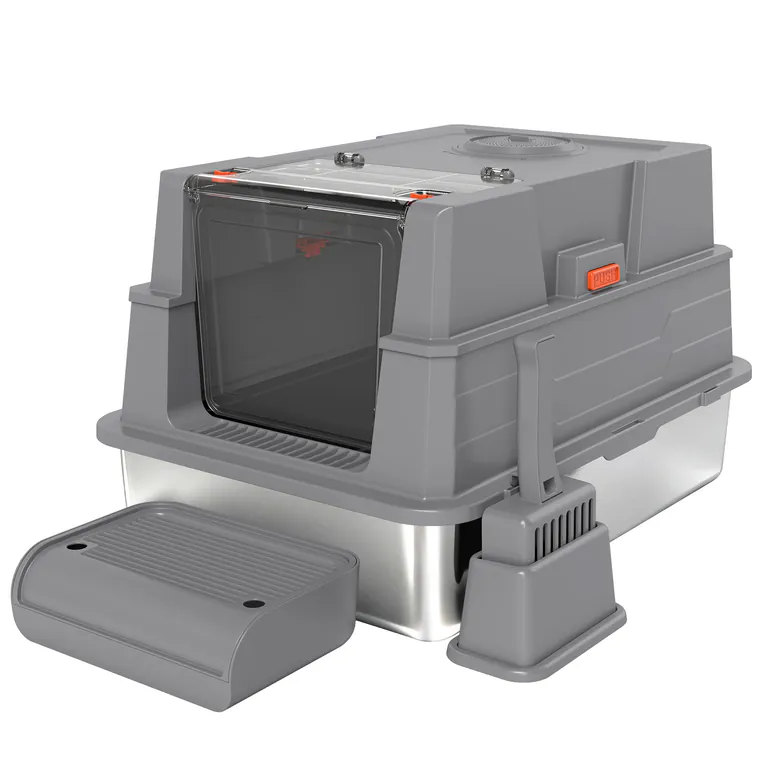 PawHut Litieră XXL din oțel inoxidabil 130 L cu capac rabatabil 180°, pereți înalți, lopățică, pedală 70x50x43cm Gri | Aosom Romania