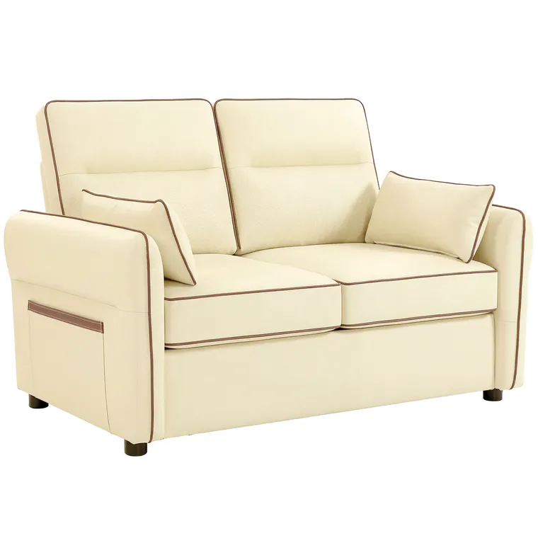 HOMCOM Divan 2 Locuri Imbottit din Piele Sintetică cu Bord Contrastant, Divan Living cu Perne Groase, 2 Perne Detasabile și Lavabile, Brațe și Buzunare Laterale, 136x81x90 cm, Bej | Aosom Romania