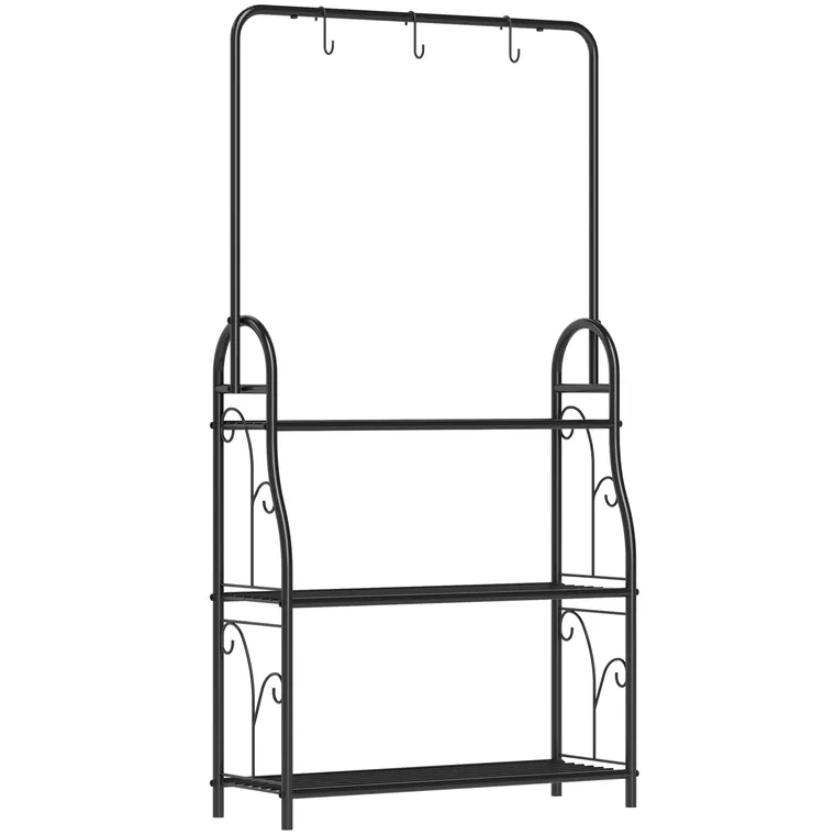 Outsunny Suport pentru Plante cu 3 Niveluri, cu Bară pentru Agățat și Cârlige, Raft Metalic pentru Ghivece și Flori, pentru Interior și Exterior, Balcon, Living, Dormitor, Negru | Aosom Romania