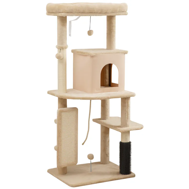 PawHut Arbore pentru Pisici Multilevel Înalt 132 cm cu Căsuță, Culcuș, Stâlpi Zgâriători, Perie și Biliță, Bej | Aosom Romania
