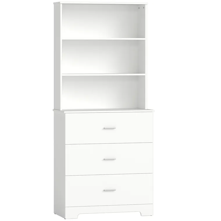 Bibliotecă HOMCOM cu 3 rafturi deschise și 3 sertare, din lemn, 79x39.5x182.2 cm, Alb | Aosom Romania