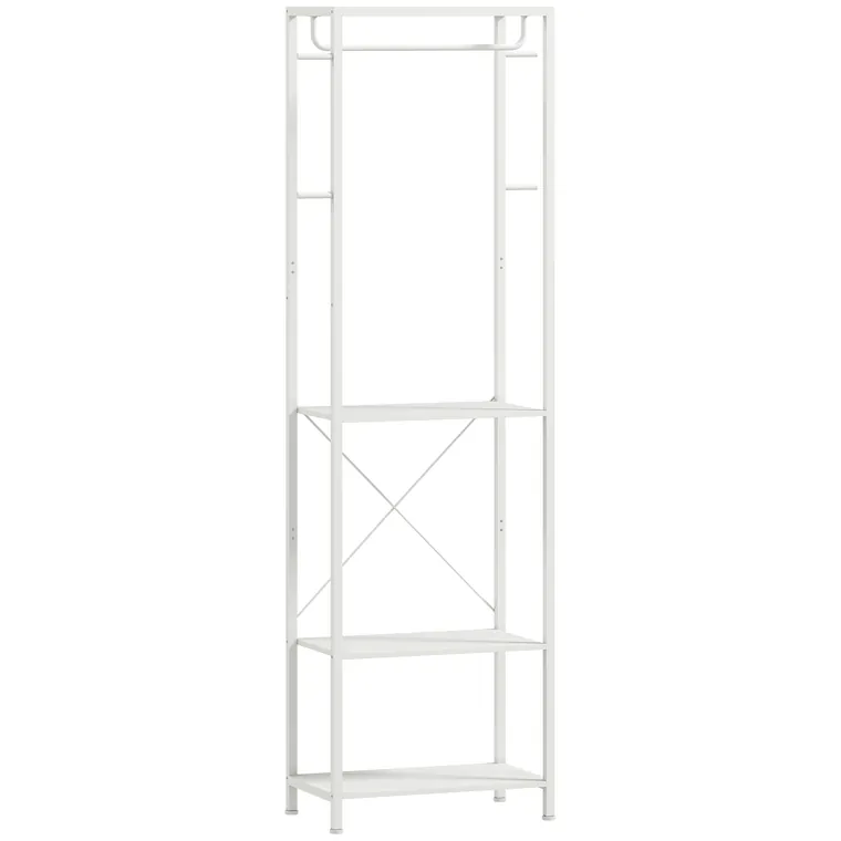 HOMCOM Cuiere de Intrare cu Suport pentru Încălțăminte, Bară pentru Haine, 4 Cârlige, Raft Superior și 2 Rafturi pentru Încălțăminte, 52x30x180 cm, Alb | Aosom Romania