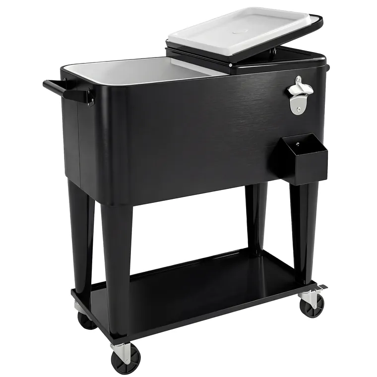 Outsunny Cărucior Frigider 76L cu raft, Deschizător de sticle și Colector de capace, din Plastic și Oțel, 91x39x84.5 cm, Negru | Aosom Romania