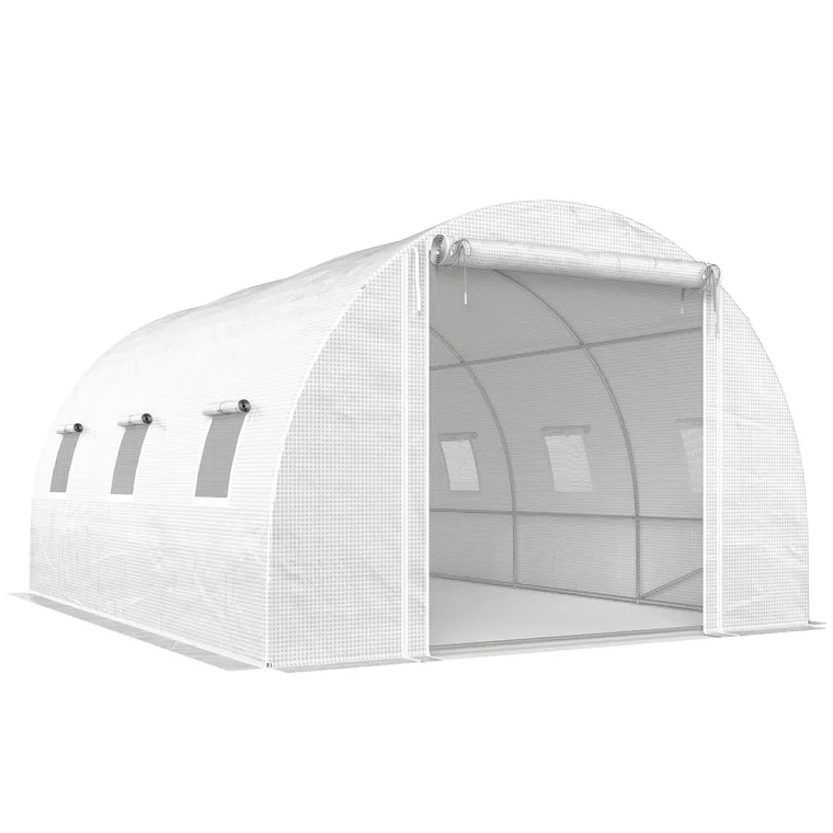 Outsunny Seră de Grădină Tip Tunel 4x3x2 m cu 2 Bare Detașabile, Uși Rulabile și Ferestre cu Plasă, Seră pentru Grădină de Legume și Flori, Structură din Oțel Zincat și Acoperire PE, Alb | Aosom Romania