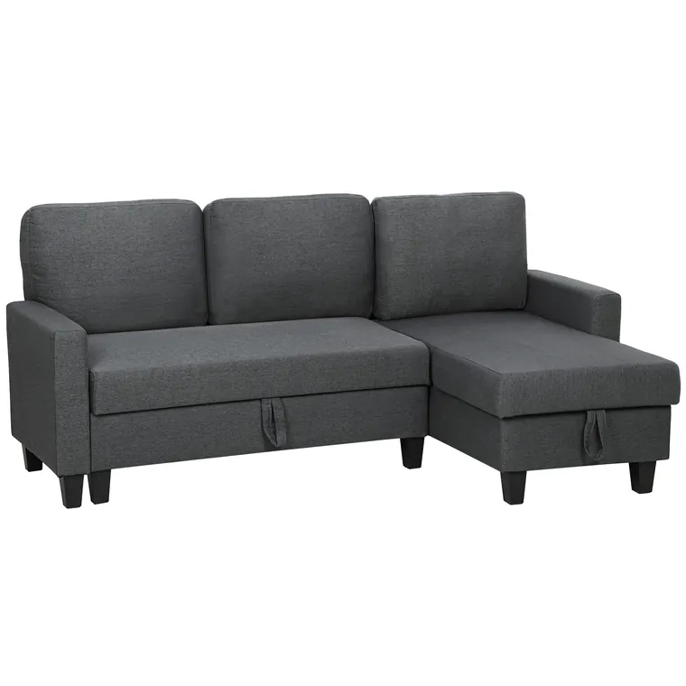 HOMCOM Canapea Extensibilă cu 3 Locuri cu Șezlong și Spațiu de Depozitare, 197x129x85 cm, Gri Închis | Aosom Romania