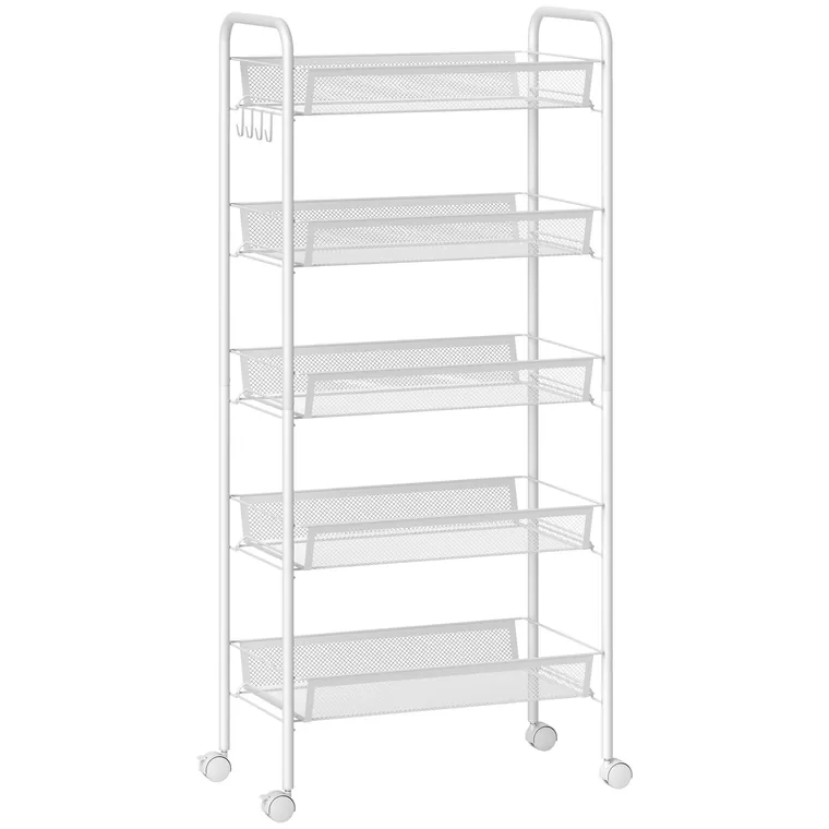 HOMCOM Cărucior de Bucătărie Economisitor de Spațiu cu 5 Nivele și Coșuri de Plasă, 45x26.5x106 cm, Alb | Aosom Romania