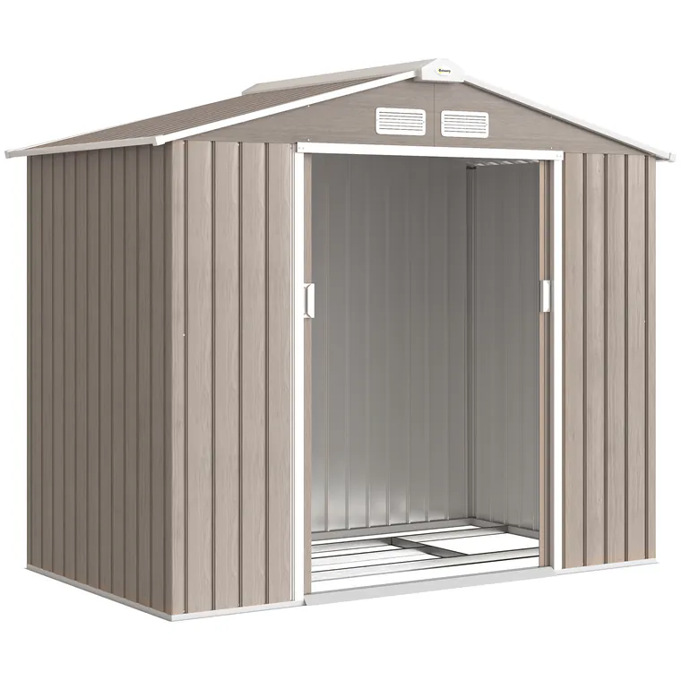Outsunny Magazie Grădină Metalică cu Orificii de Ventilație și Ușă Culisantă Dublă pentru Grădinarit și DIY, 213x130x185 cm, Maro | Aosom Romania