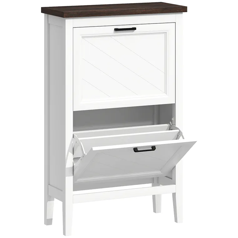 HOMCOM Dulap pentru Pantofi cu 2 Sertare Rabatabile, Design Country Slim cu Rafturi Reglabile, Organizator Freestanding pentru Intrare, Hol, Living, Capacitate 8-12 Perechi, Alb | Aosom Romania