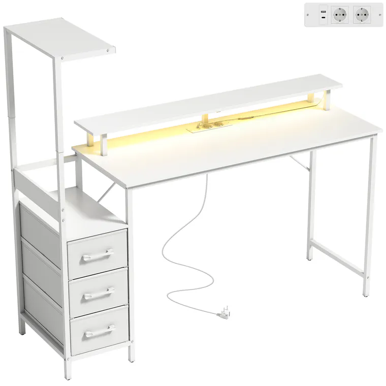 HOMCOM Birou Gaming cu Suport CPU Reglabil Reversibil și LED, 147x47 cm, Stație de Încărcare, Suport Monitor, 3 Sertare din Material Textil, pentru Acasă, Birou sau Studio, Alb | Aosom Romania