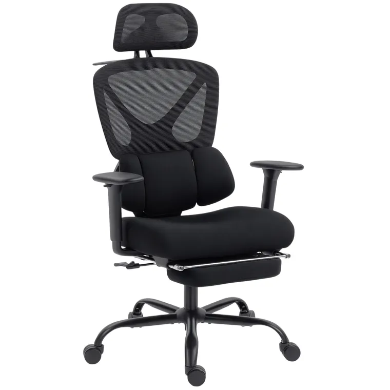 HOMCOM Scaun de birou ergonomic, cu suport lombar dinamic și suport pentru picioare, 73x75x120-128 cm, negru | Aosom Romania