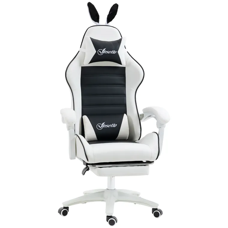 Vinsetto scaun gaming cu urechi de iepuraș, suport pentru picioare, perne, reclinabil și cu înălțime reglabilă, negru | Aosom Romania