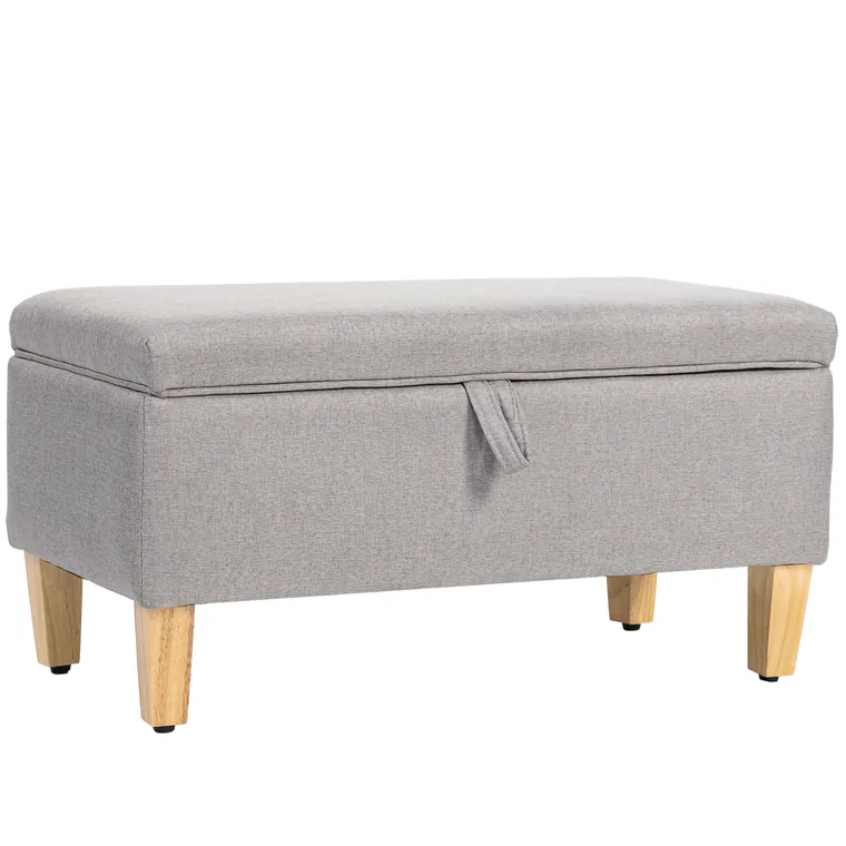 HOMCOM Banc de depozitare, capăt de pat, suport pentru picioare căptușit cu aspect de in cu picioare din lemn de cauciuc, 71x37x36cm, gri deschis | Aosom Romania