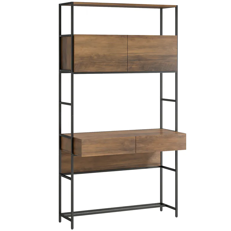HOMCOM Birou pentru computer cu etajere și 2 sertare pentru home office, 185 cm înălțime, aspect lemn maro | Aosom Romania
