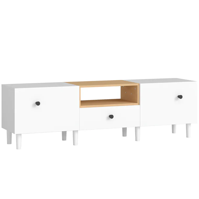 HOMCOM Mobilier TV, Suport TV p��nă la 70" cu 2 Uși Rabatabile, Balamale Soft Close, Sertar, Raft Deschis, 8 Picioare pentru Sufragerie, Dormitor, 150x35x45 cm, Alb și Culoare Lemn | Aosom Romania