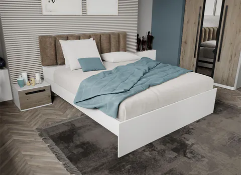 Pat Alb cu tapiterie Bej 180x200 Fara sertare