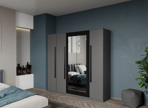 Dulap dormitor cu 5 usi Gri+oglinda 205,4 x 192,5 cm - Dallas