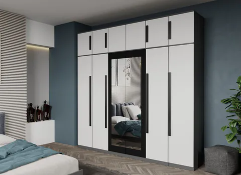 Dulap dormitor cu 6 usi Alb cu Gri+oglinda 246,4 x 240,3 cm - Dallas
