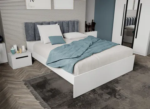 Pat Alb cu tapiterie Gri deschis 140x200 Fara sertare