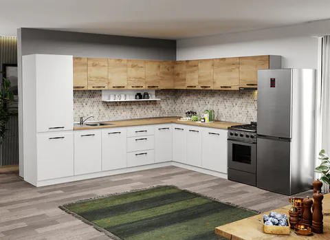 Mobila Bucatarie pe colt alba cu lemn Aroma - 39 - 320x260 cm